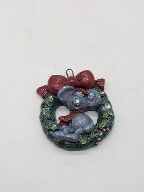 VTG Whimsical Christmas Mouse Holly Wreath Ornament Hand Painted Kitsch Retro